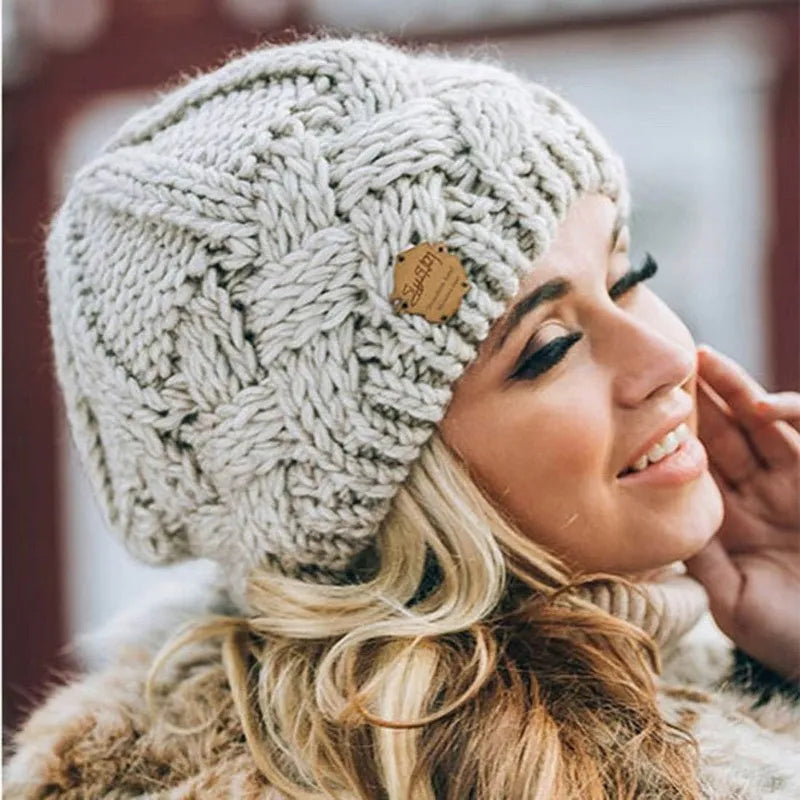 Chunky knit beanie for women shown from the side, highlighting the textured knit pattern