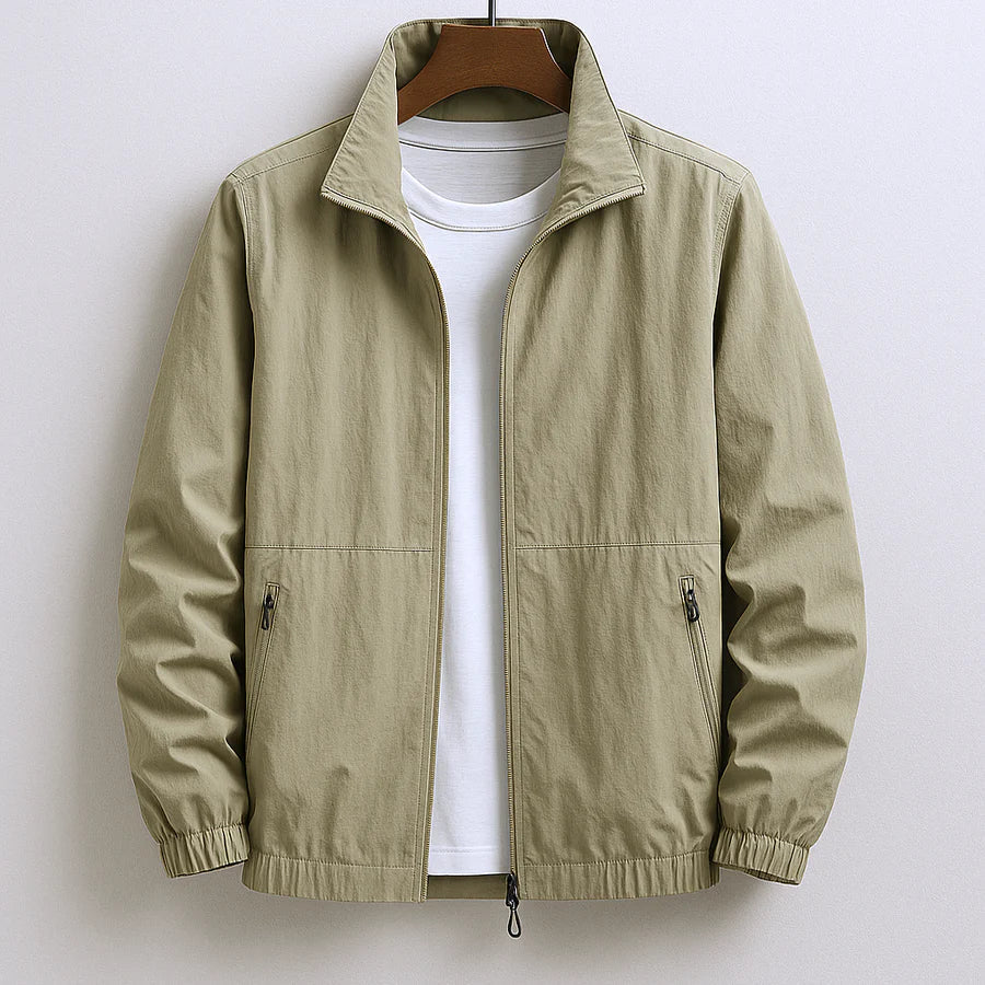 Lightweight men's jacket with front zipper, hip-length silhouette, and clean panel construction