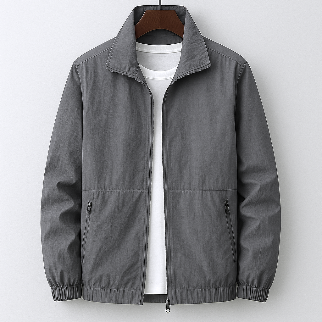 Lightweight men's jacket with front zipper, straight hem, and hip-length cut