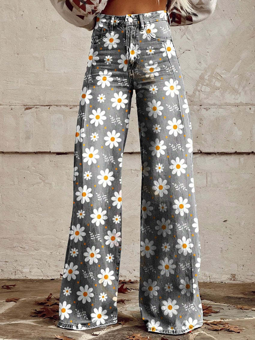 Patterned wide-leg jeans for women with high waist and floral print