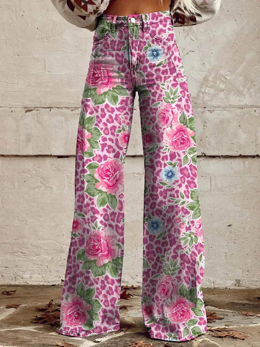 High-waist wide-leg jeans for women with an all-over floral pattern
