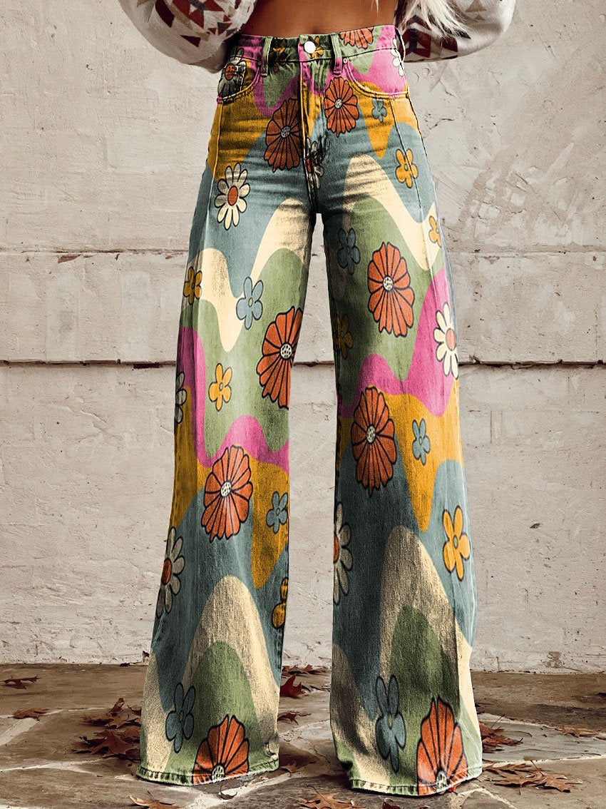 Wide-leg women's jeans featuring a wave and floral mixed print