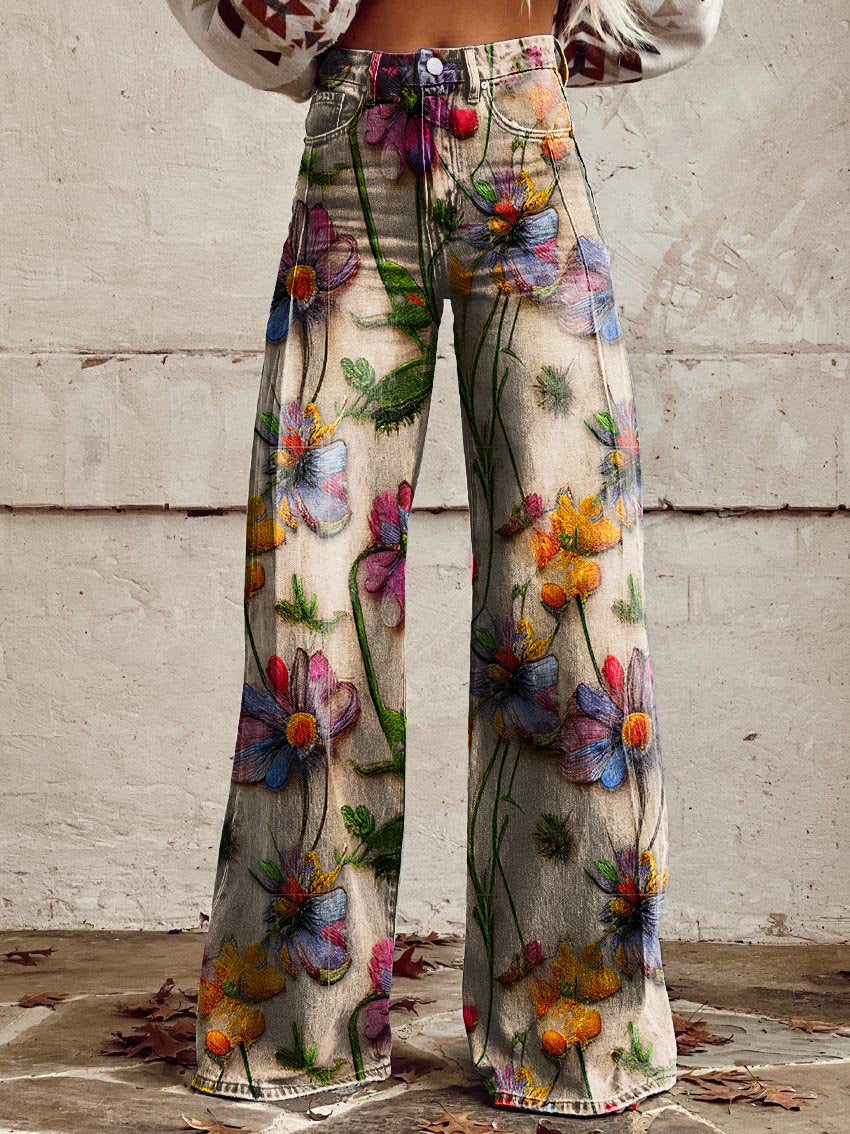 Patterned wide-leg jeans for women with scattered floral motif