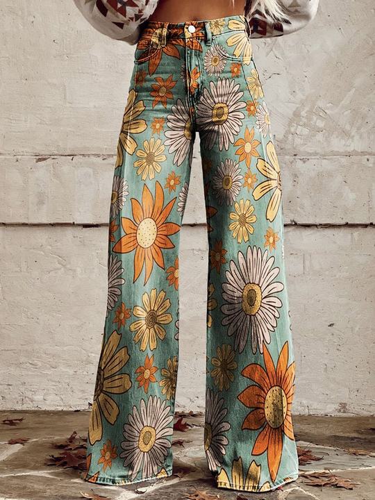 Women's high-waist wide-leg jeans with a bold floral print design