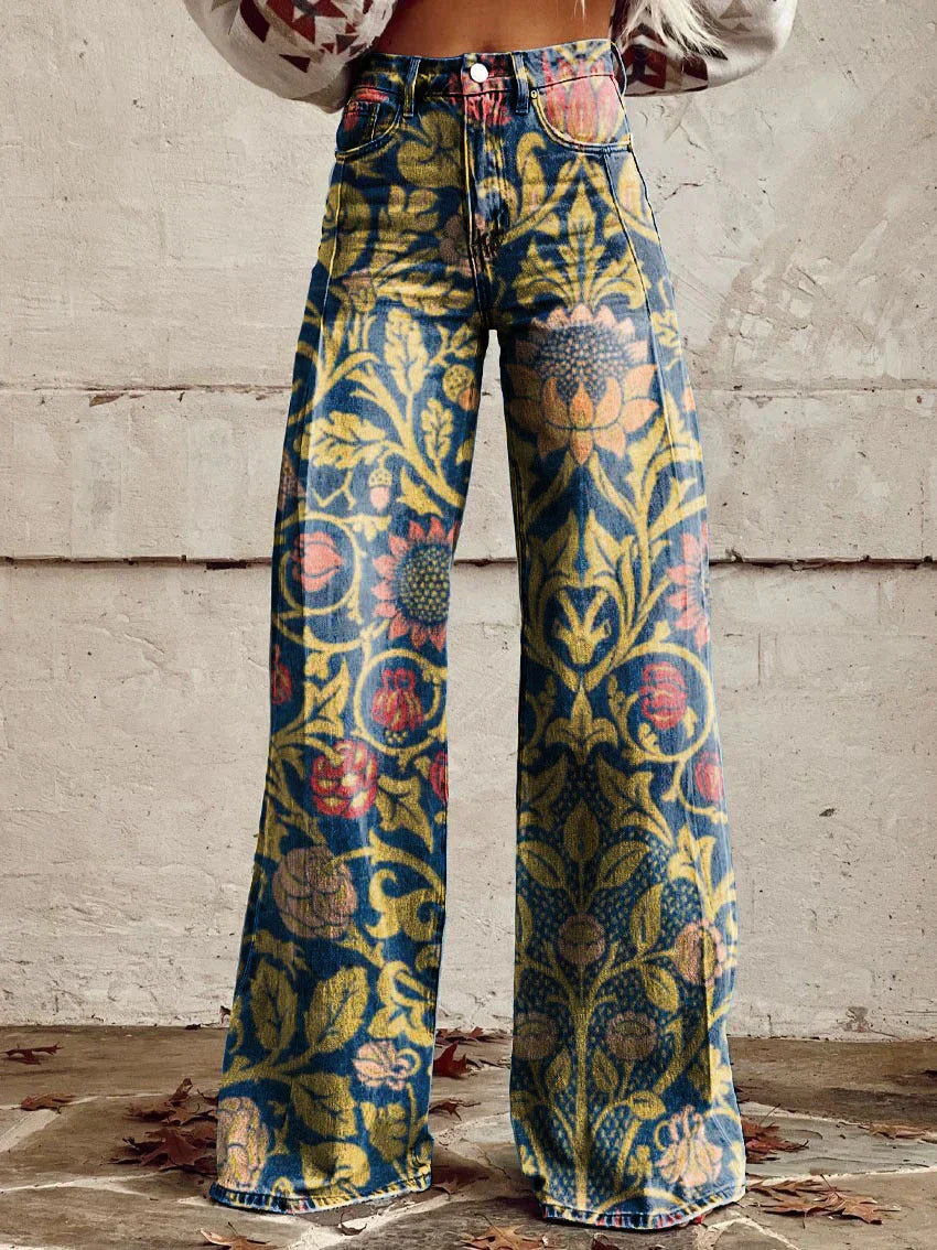Women's wide-leg jeans with a deep-toned patterned denim print