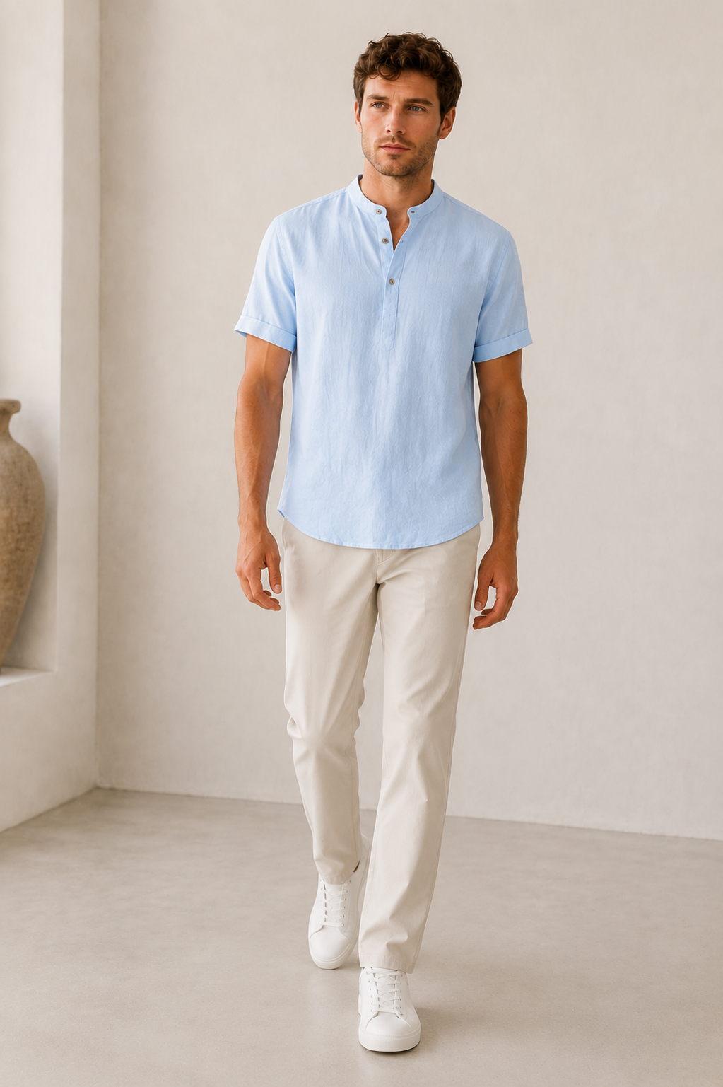 Men's blue short sleeve linen shirt with relaxed fit