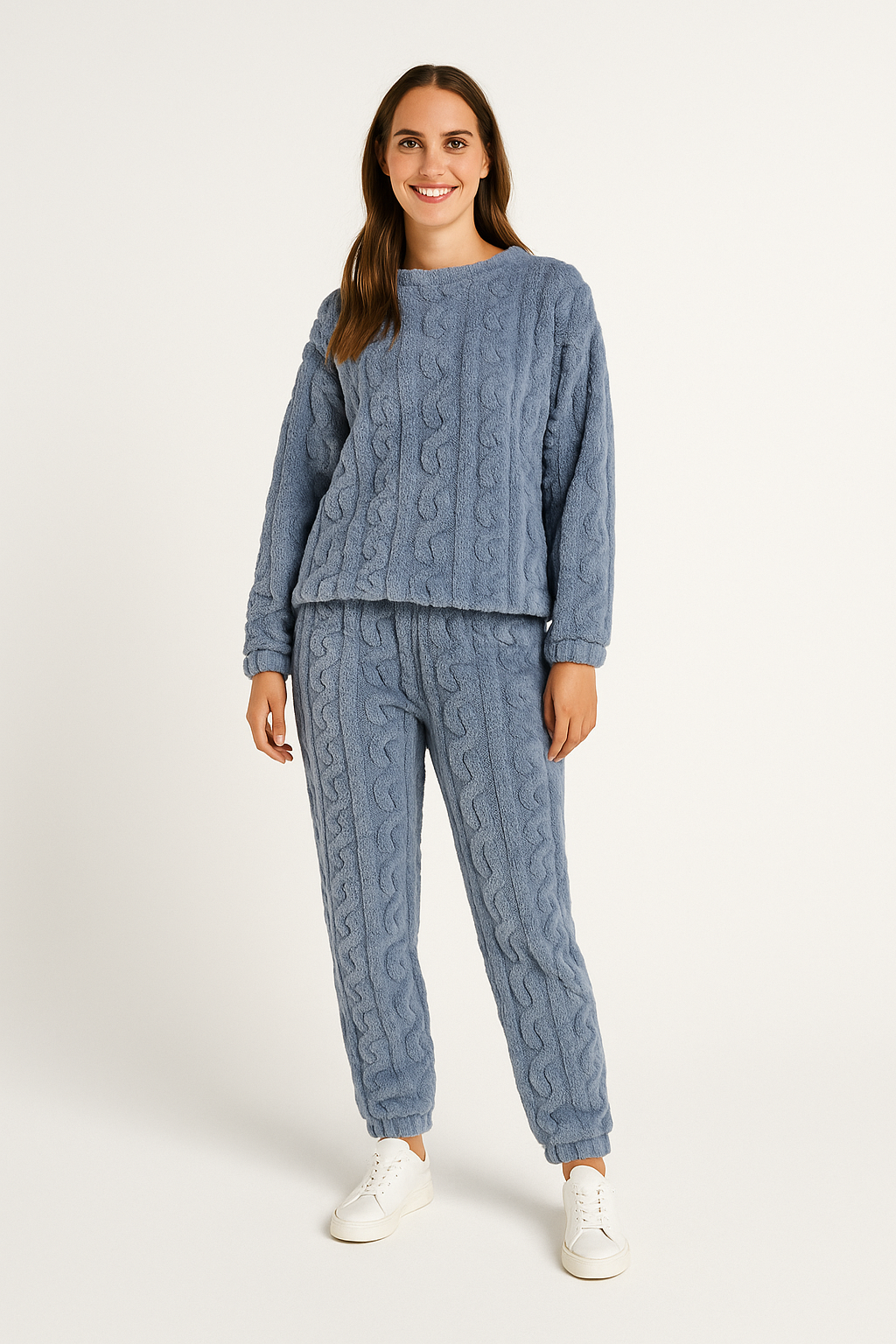 Women's two-piece fleece lounge set with relaxed-fit sweater and coordinating straight-leg trousers