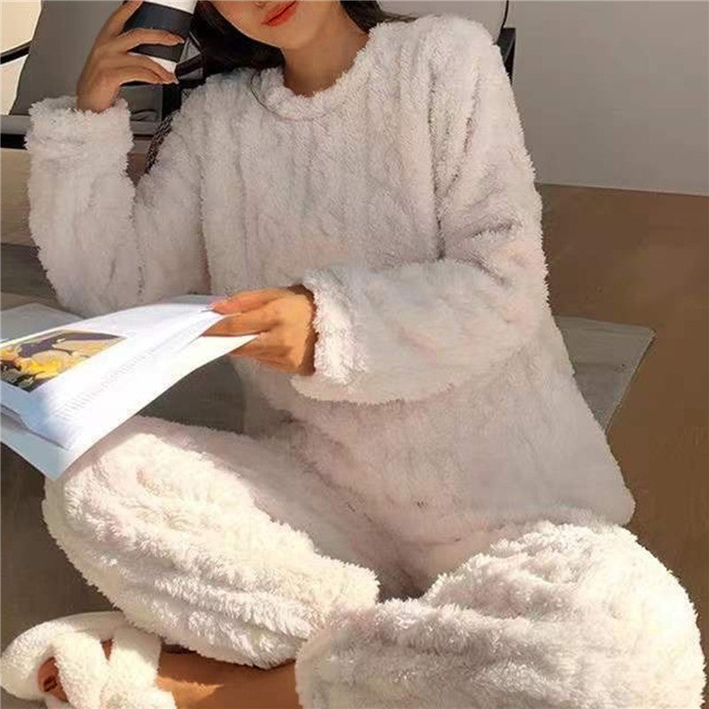 Women's fleece two-piece lounge set with a long-sleeved sweater and coordinating elastic-waist pants