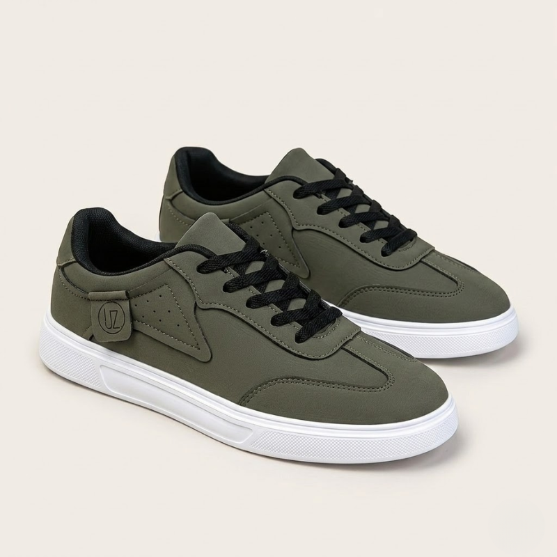 Men's paneled suede lace-up sneakers with padded collar and perforated detailing