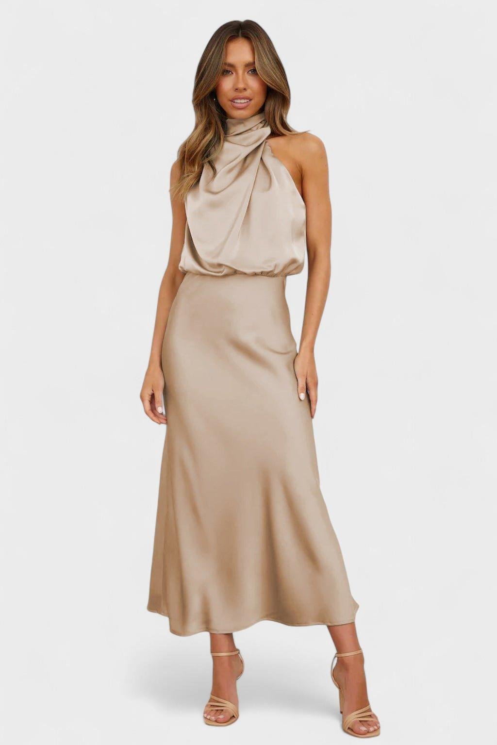 Sleeveless women's satin halterneck midi dress with a softly shaped, balanced silhouette