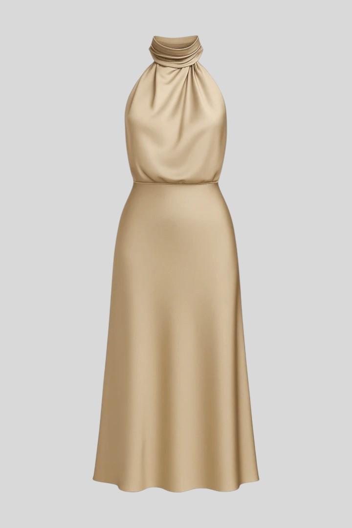 Women's satin halterneck midi dress in a pull-on style with a fluid midi-length hem