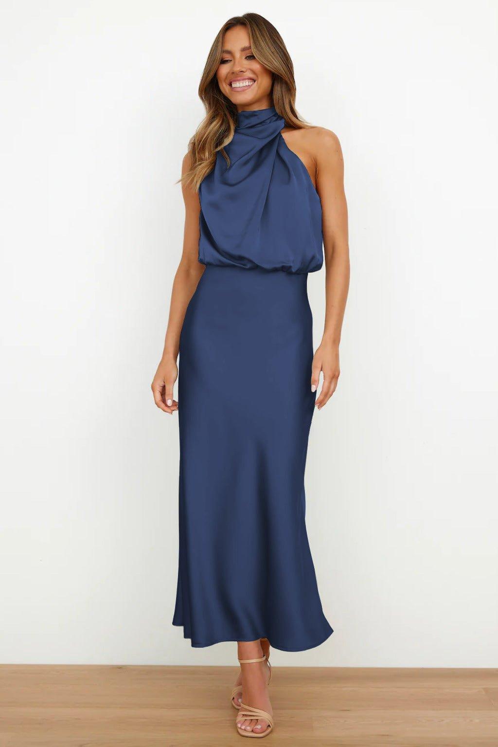 Women's halterneck midi dress in smooth satin with a sleeveless, evenly draped design