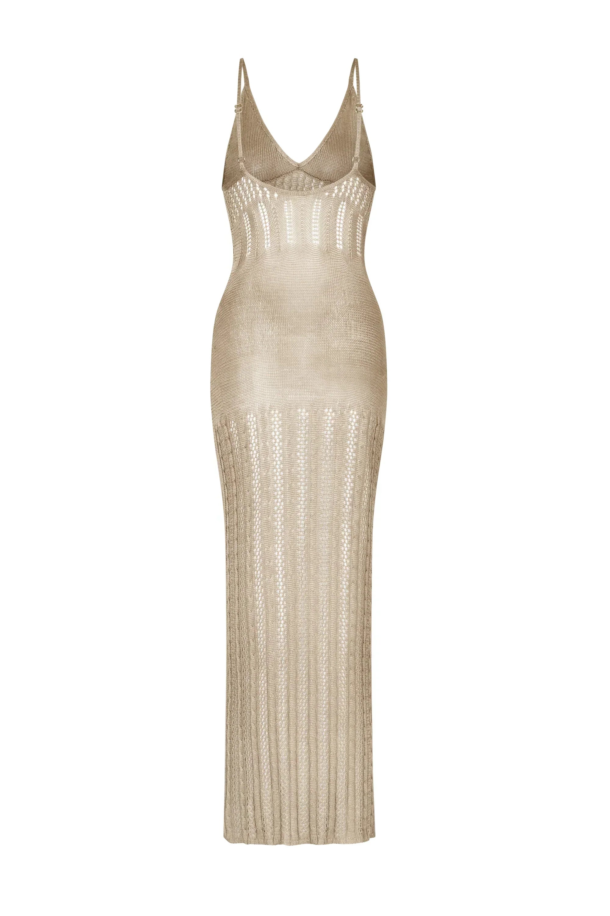 Knitted sleeveless maxi dress with open weave and full-length cut
