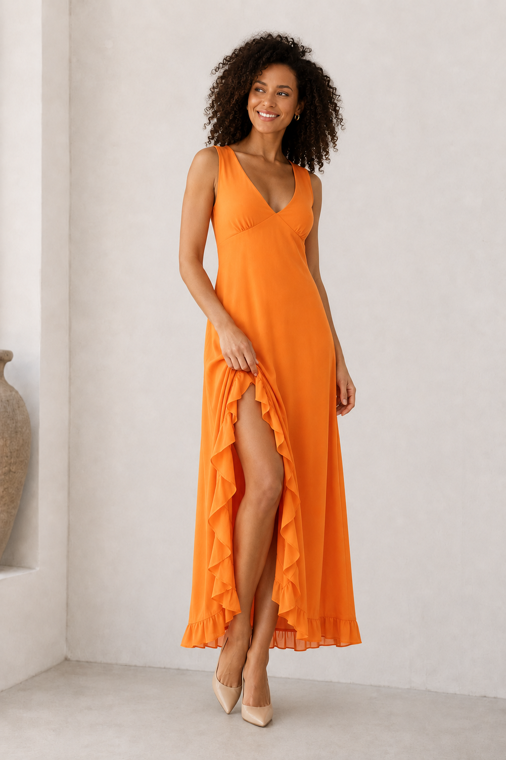 Deep V neck maxi dress with high side slit