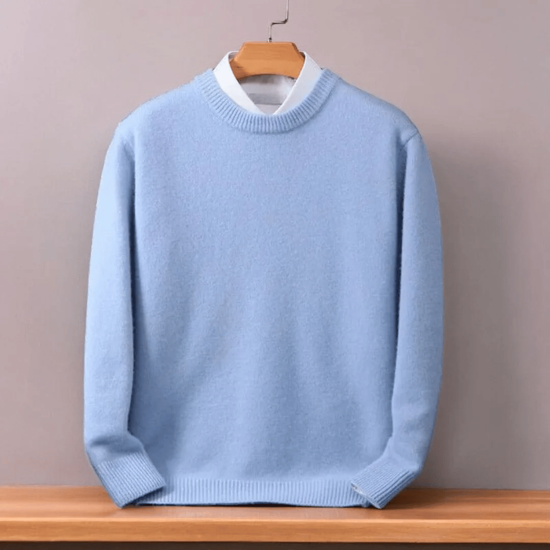 Men's knitted sweater with round neckline, relaxed straight silhouette, front view