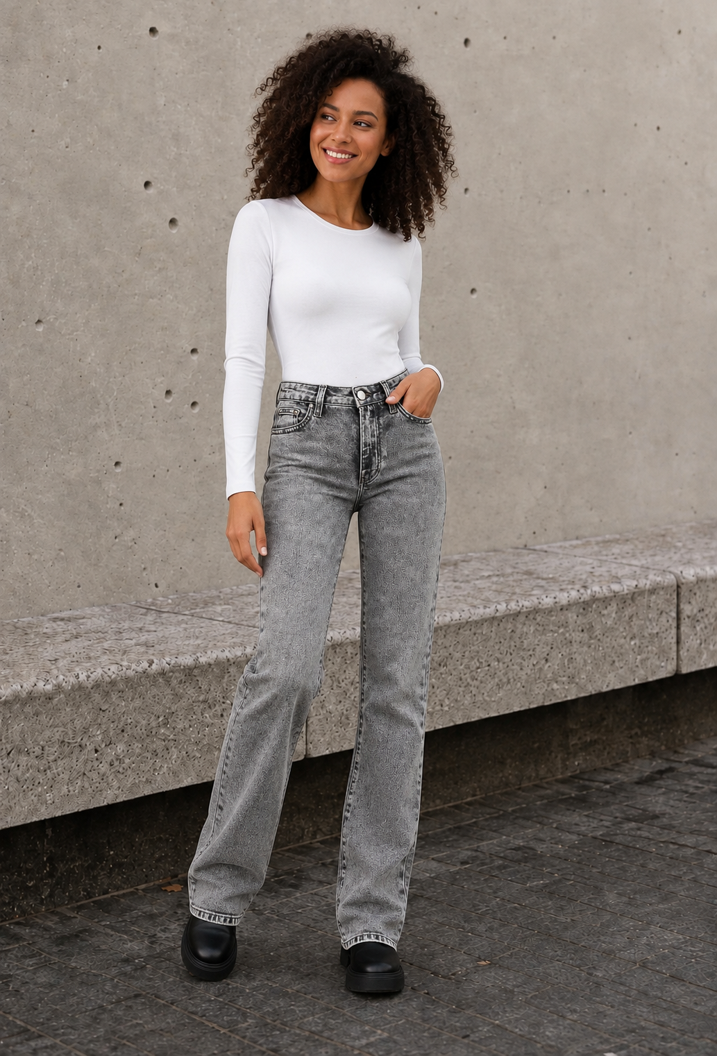Washed Straight Jeans High Waist Women