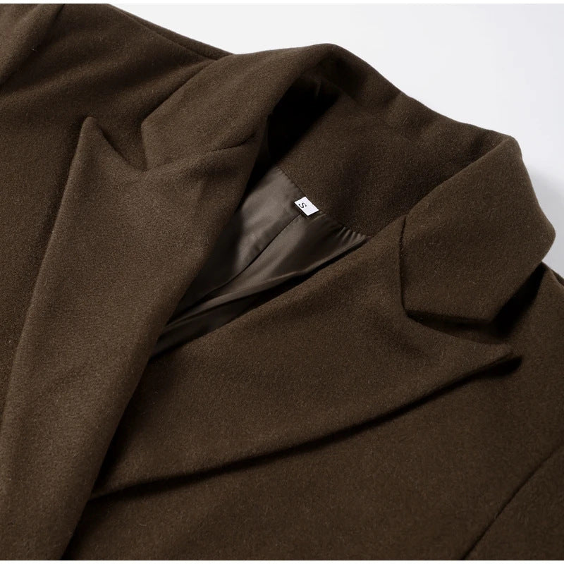 Women's long double-breasted wool blend coat styled for everyday outerwear in cooler seasons
