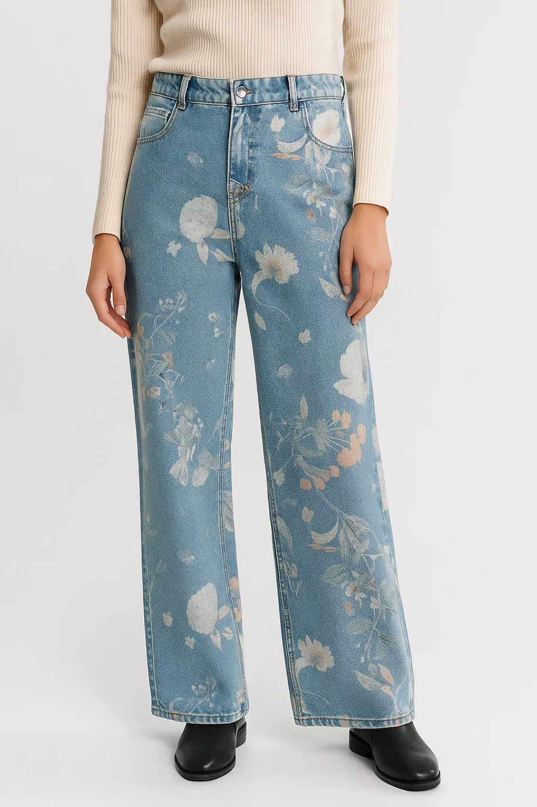 Women's high-waist straight-fit jeans with an all-over floral denim print