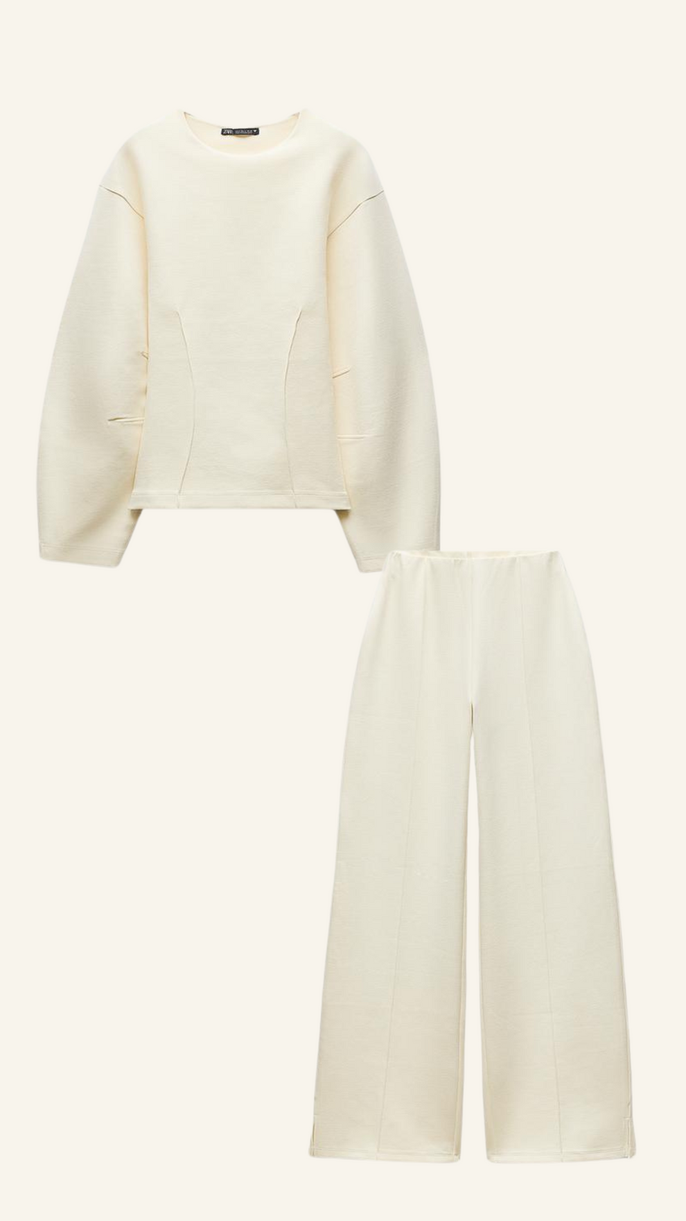 Women's coordinated woven top and wide-leg trouser set, styled full-length front view