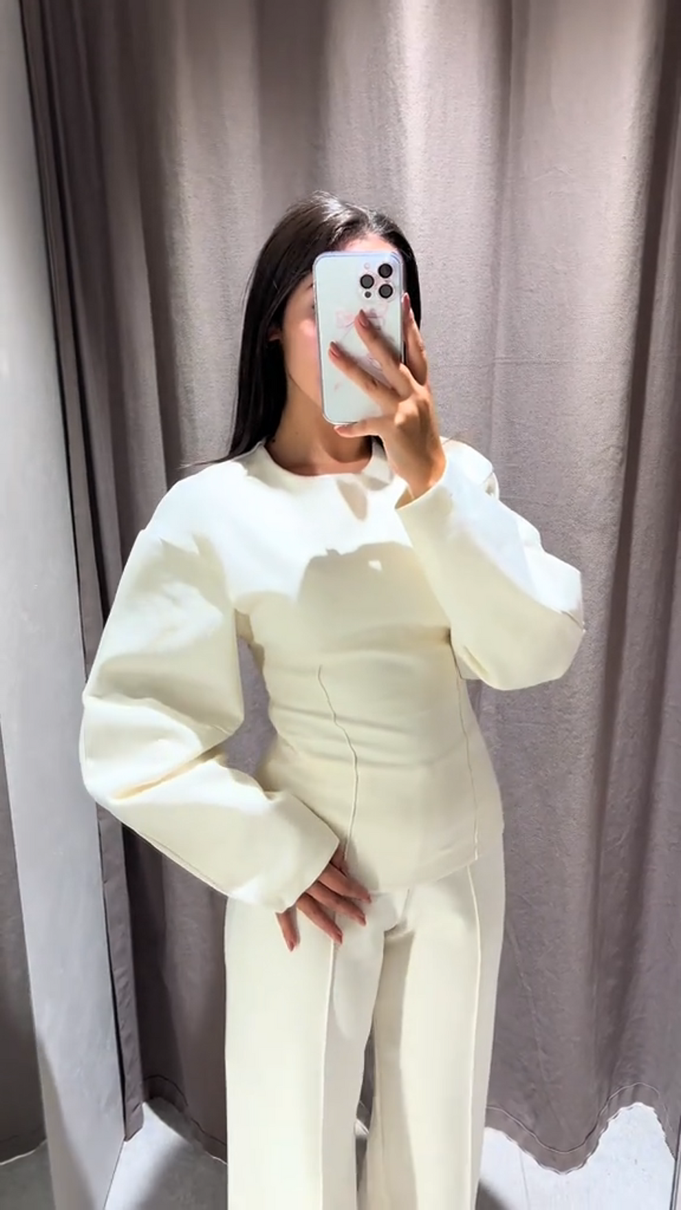 Women's two-piece woven set with long-sleeved top and straight-leg trousers, front view