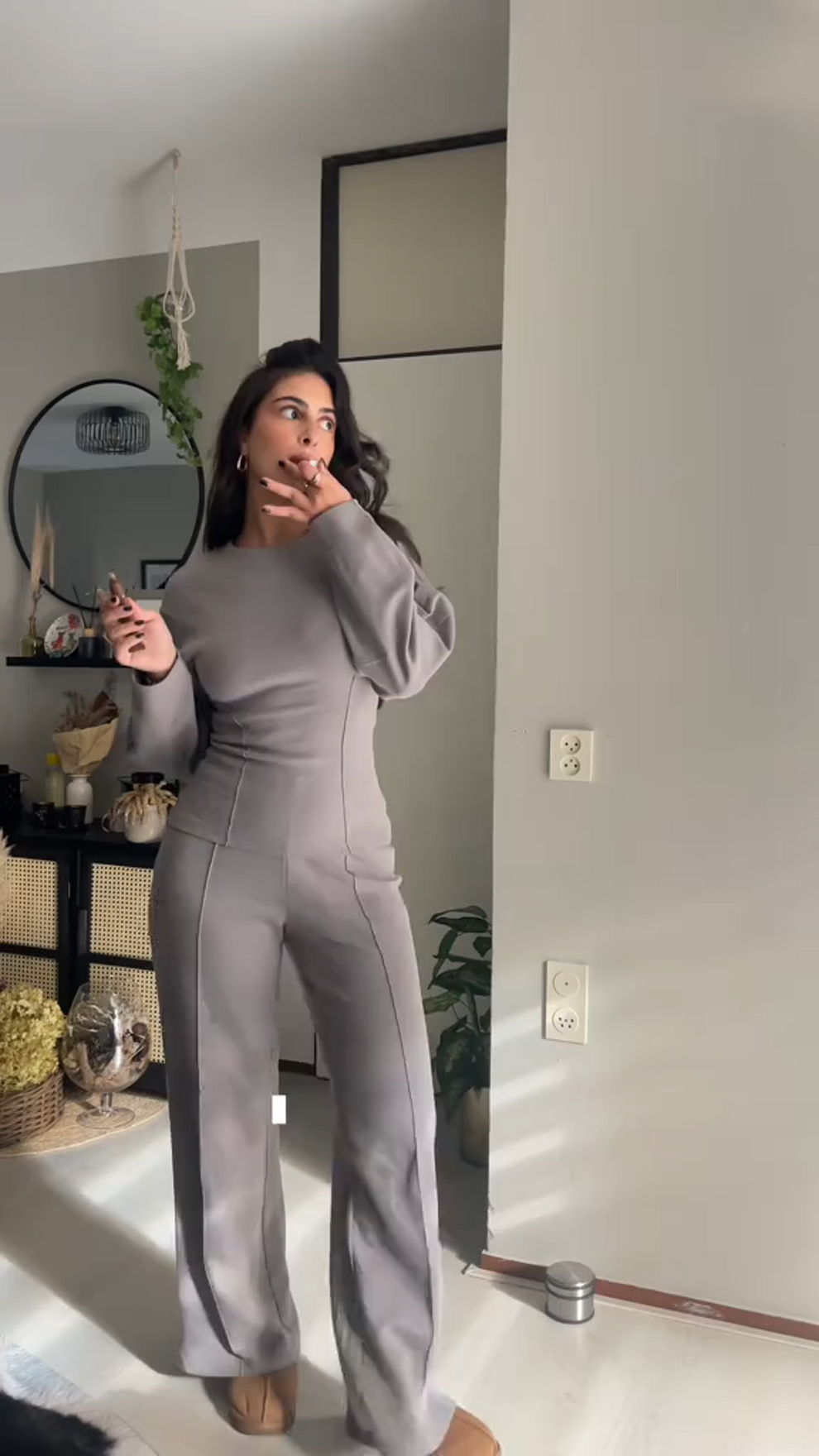 Women's woven two-piece set with shaped sleeves and full-length trousers, side or alternate angle view