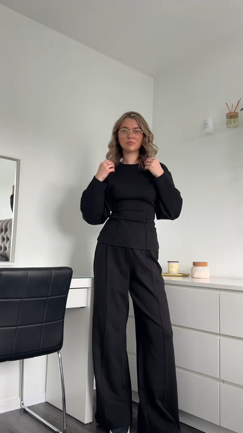 Women's coordinated long-sleeve top and wide-leg trousers set in woven fabric, full-body view