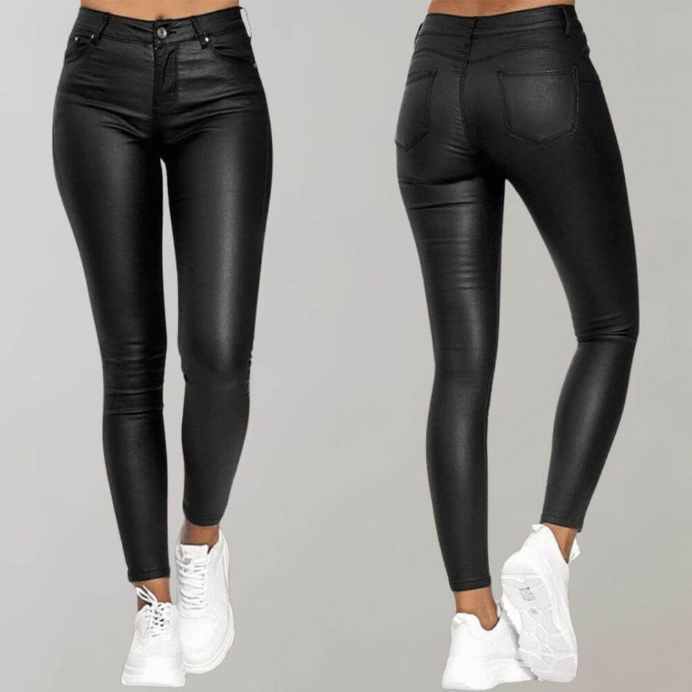 Women's coated synthetic trousers with slim fit and full-length cut, front view