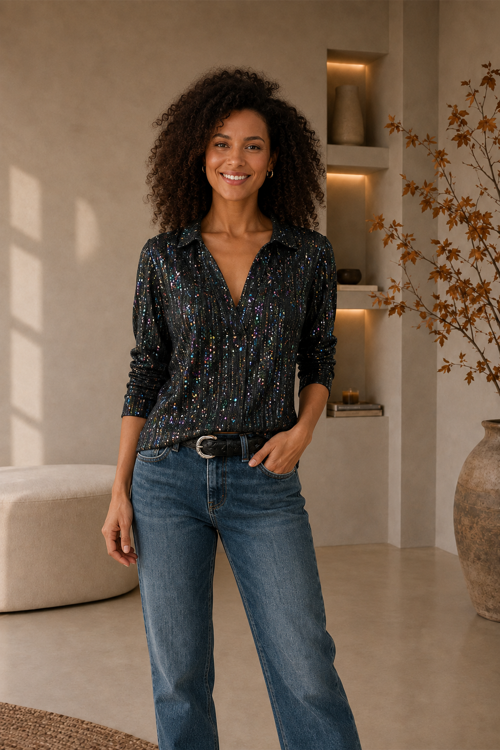 Black long sleeve sequin blouse women styled with jeans