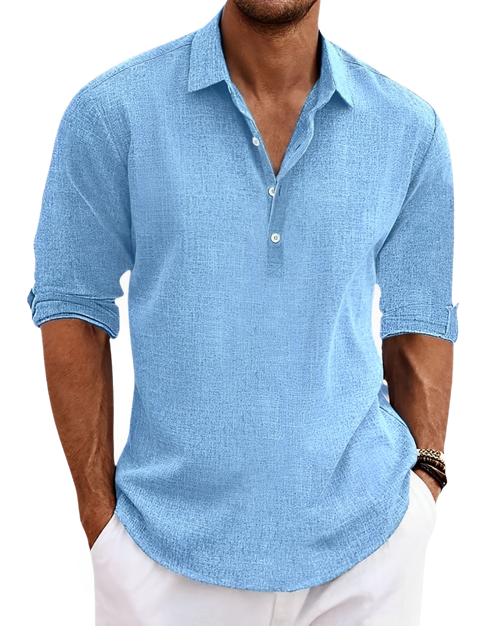 Men's textured fabric shirt with partial button placket, classic collar, long sleeves, and rounded hem