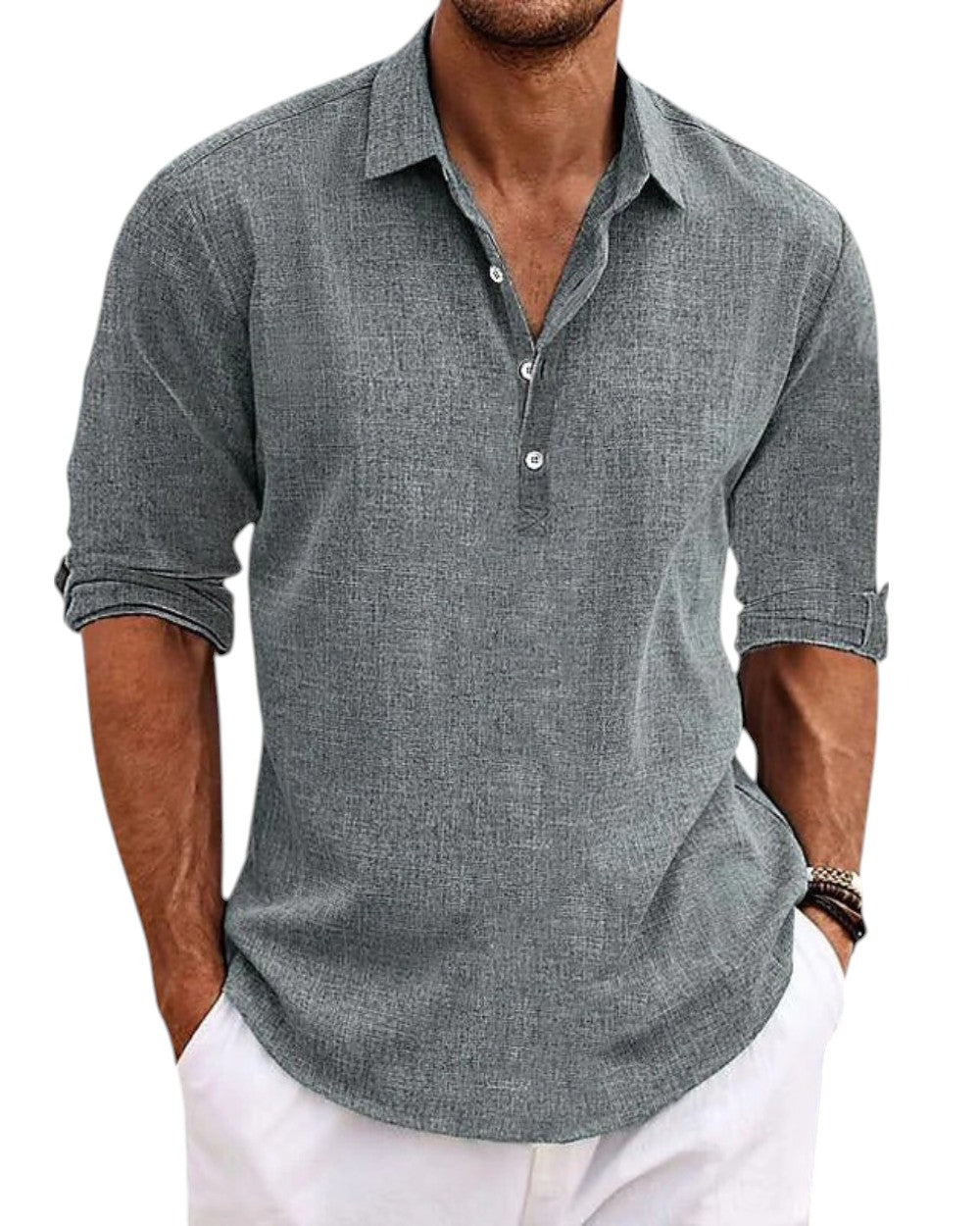 Men's lightweight structured shirt with button placket, classic collar, and long sleeves in a relaxed fit