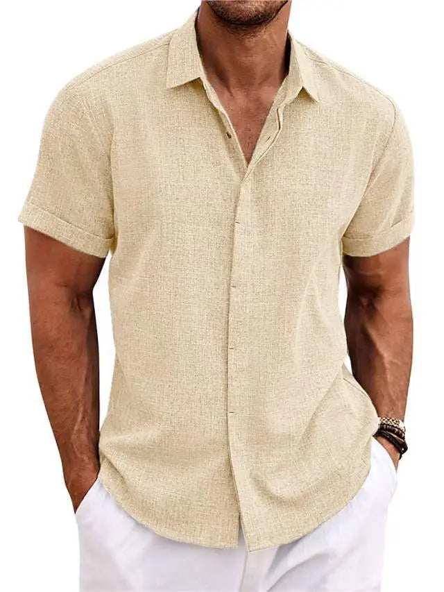 Men's spring summer shirt with button placket, classic collar, and soft textured construction
