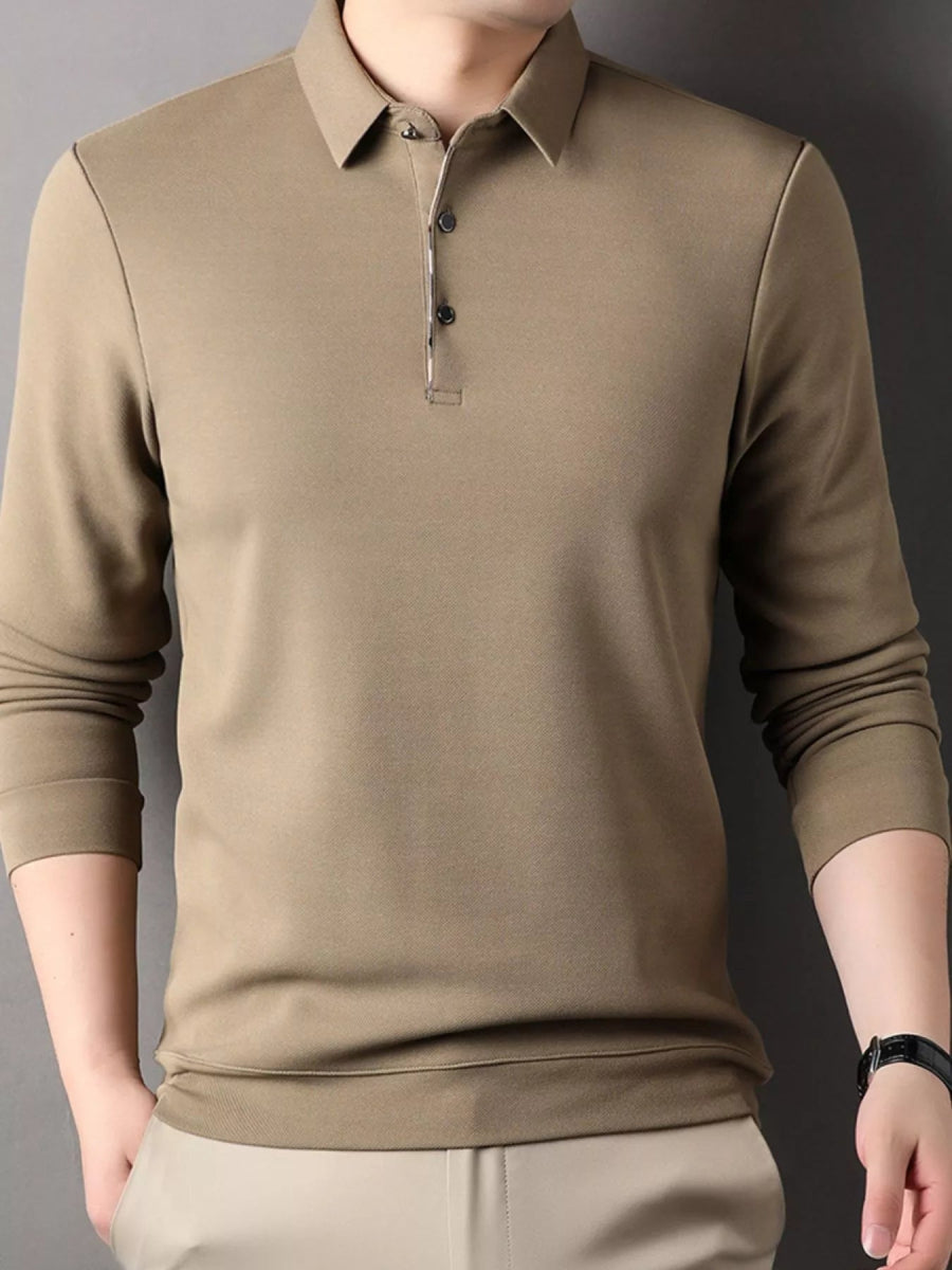 Men's long-sleeve stretch polo shirt with button placket and slim fit