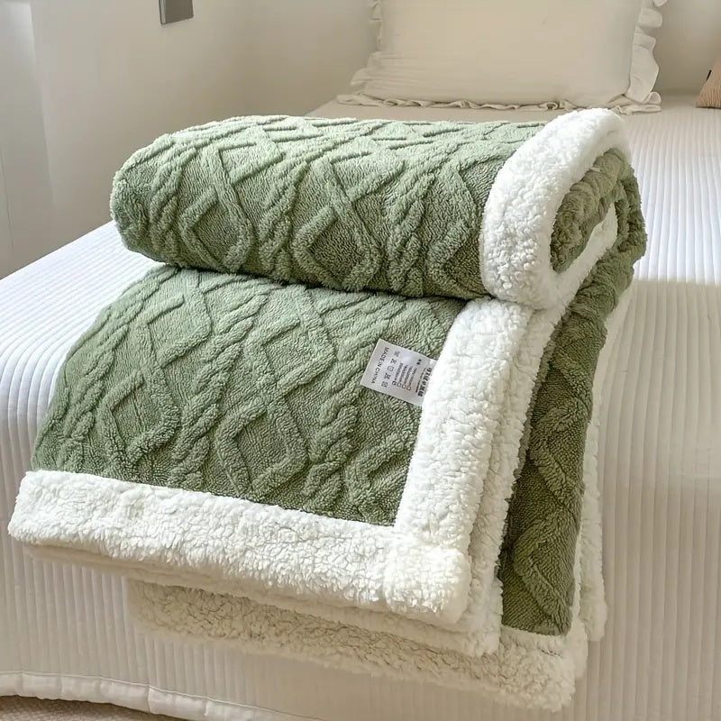 Ultra-soft plush blanket draped over a sofa, styled for a cozy living room setting