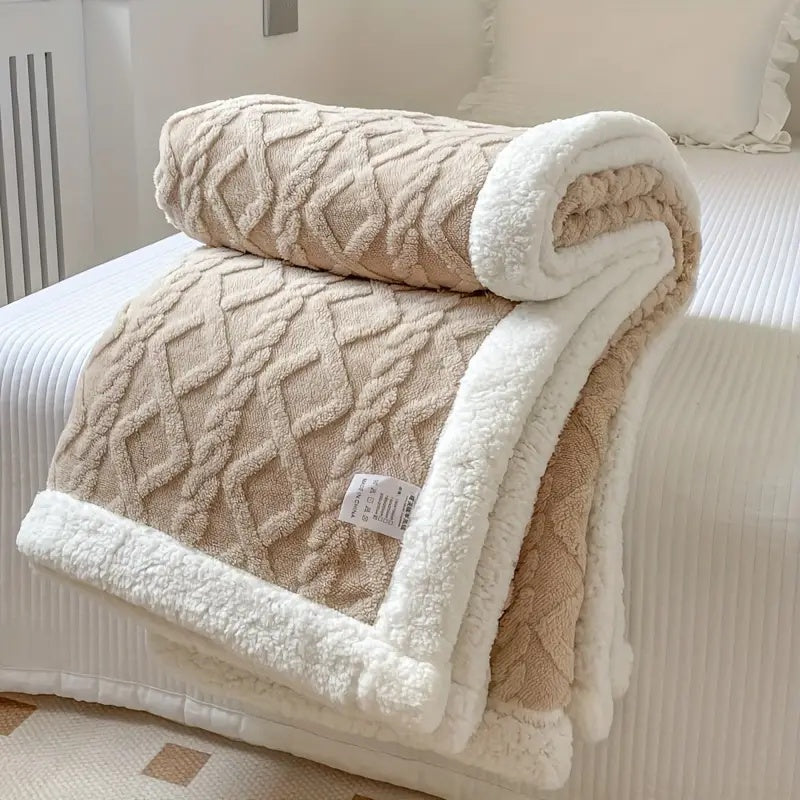 Overhead view of plush blanket with sherpa, displaying full decorative textured pattern