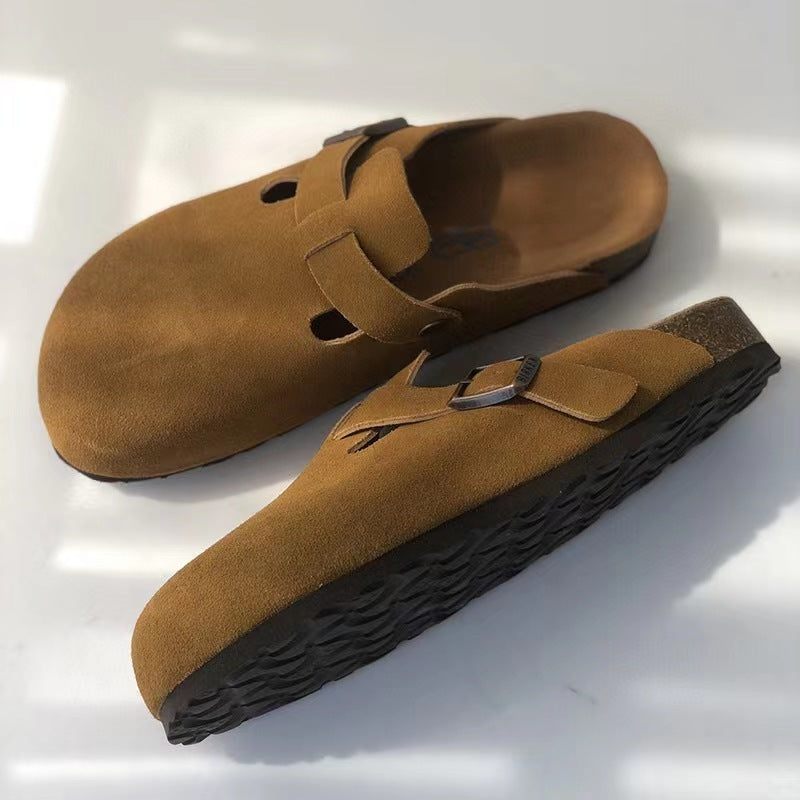 Men's suede slippers with adjustable metal buckle strap and contoured footbed