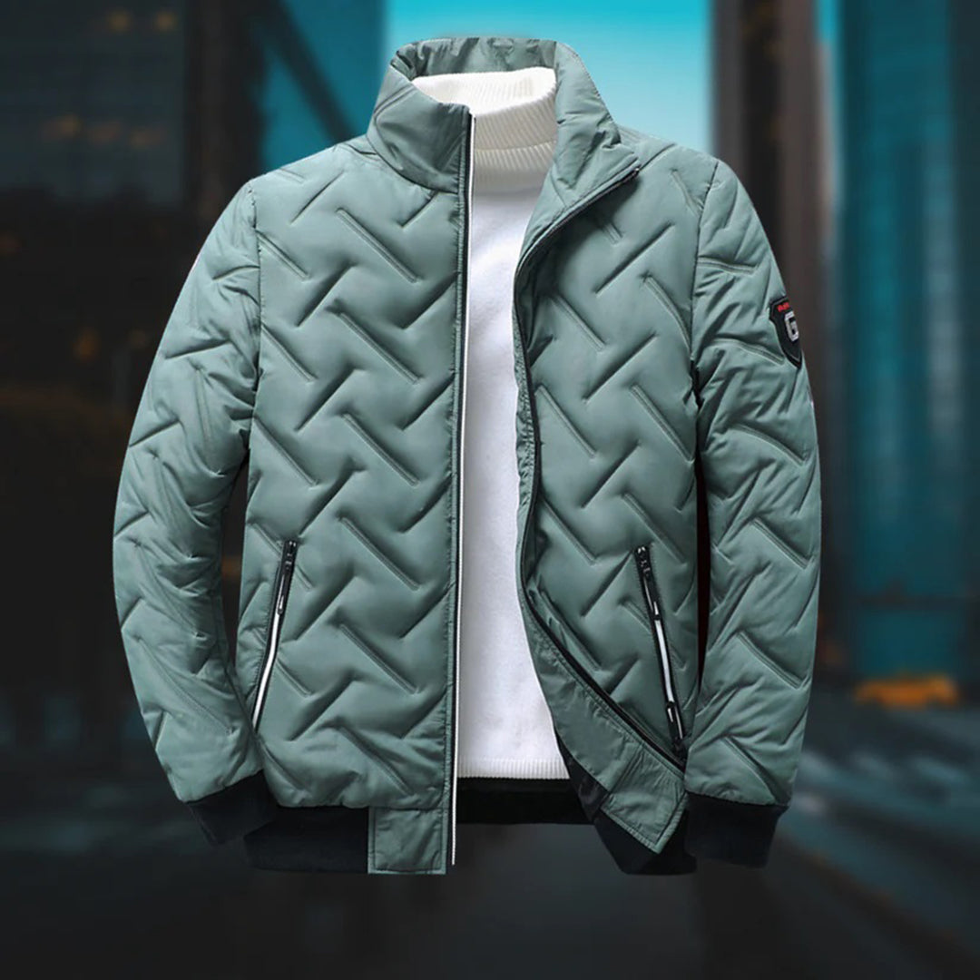 Quilted puffer jacket for men – close-up of ribbed cuffs and quilted stitching detail
