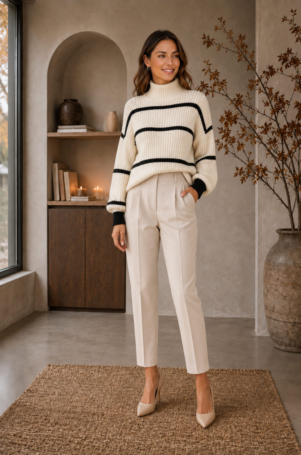 Women's striped ribbed cotton-blend sweater with high neck and long sleeves