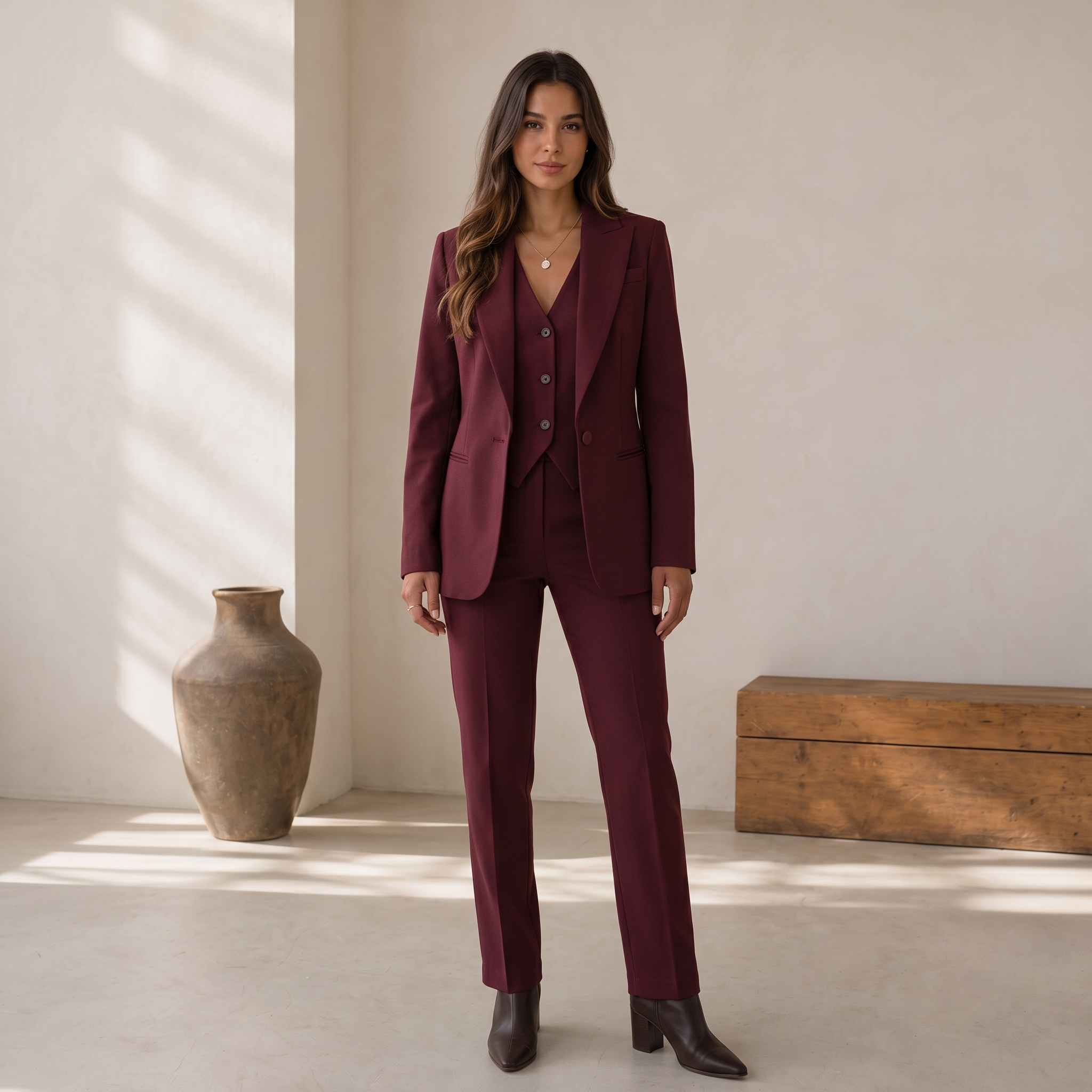 Structured women's blazer with lapel collar and single-breasted button closure from a three-piece suit set