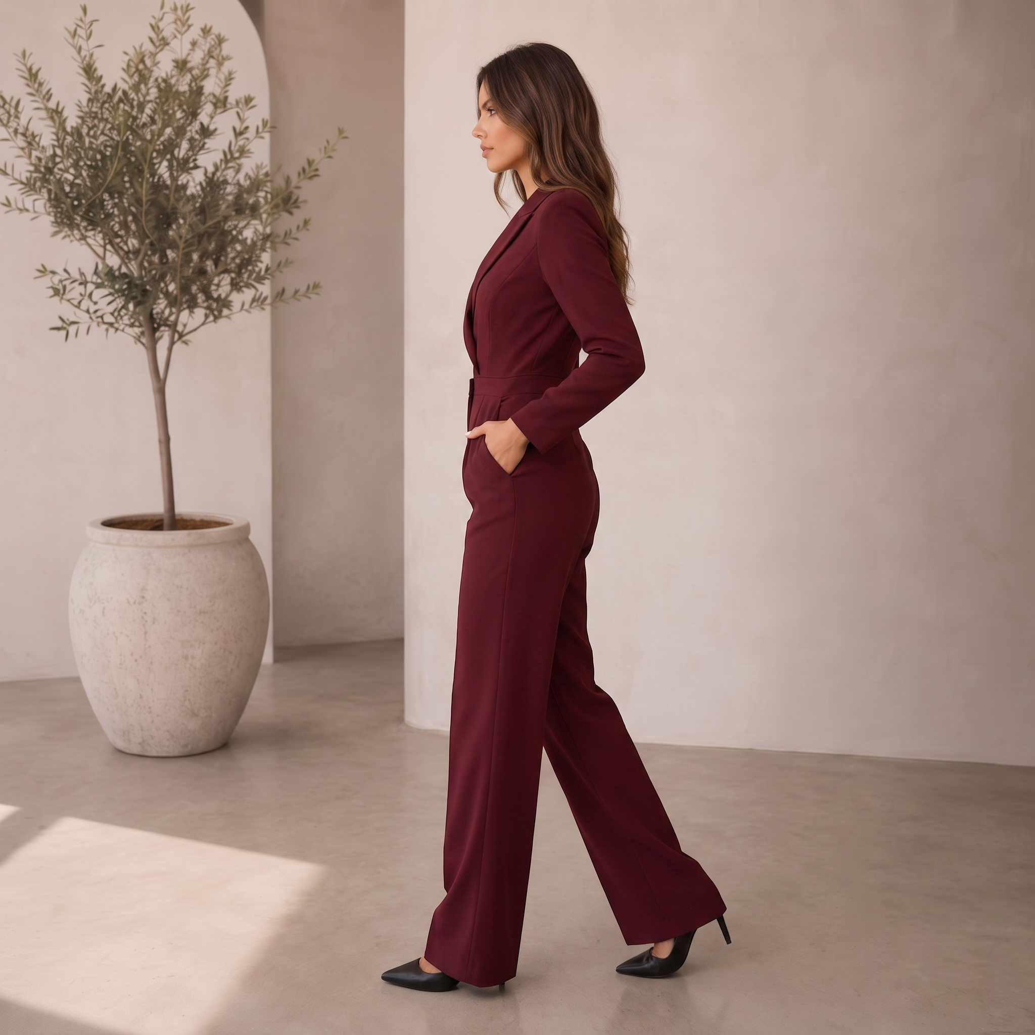 Women's tailored jumpsuit with concealed back zipper and full-length wide legs