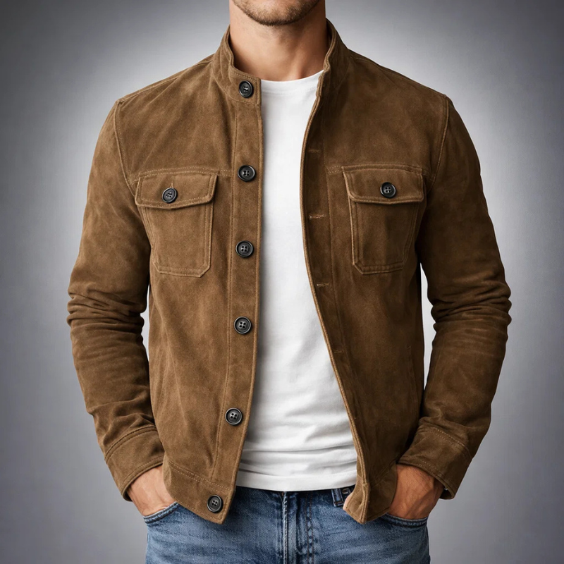 Men's suede-look jacket featuring a straight silhouette, front buttons, and structured chest pockets