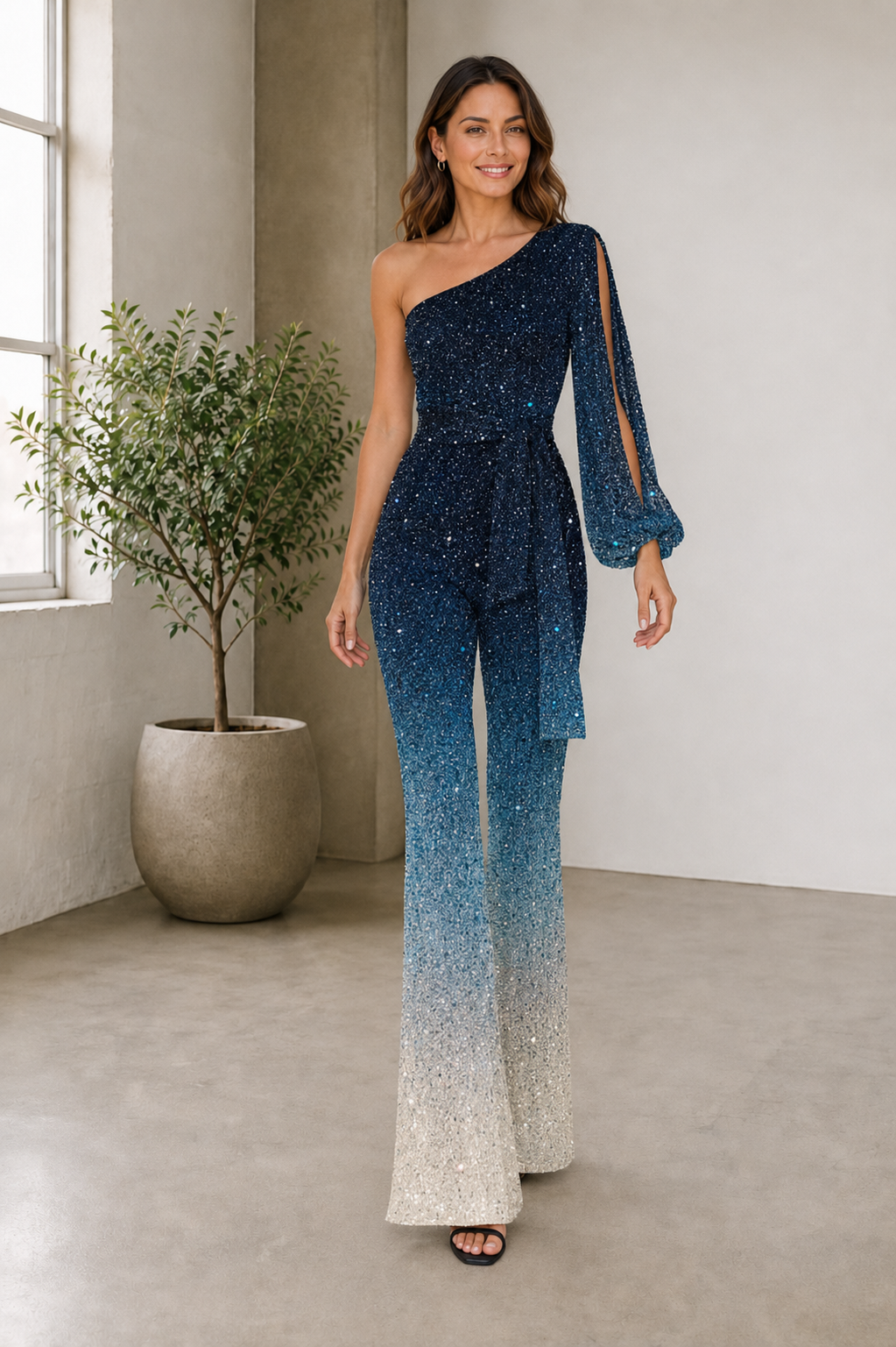 Navy blue sequin jumpsuit women styled full-length view