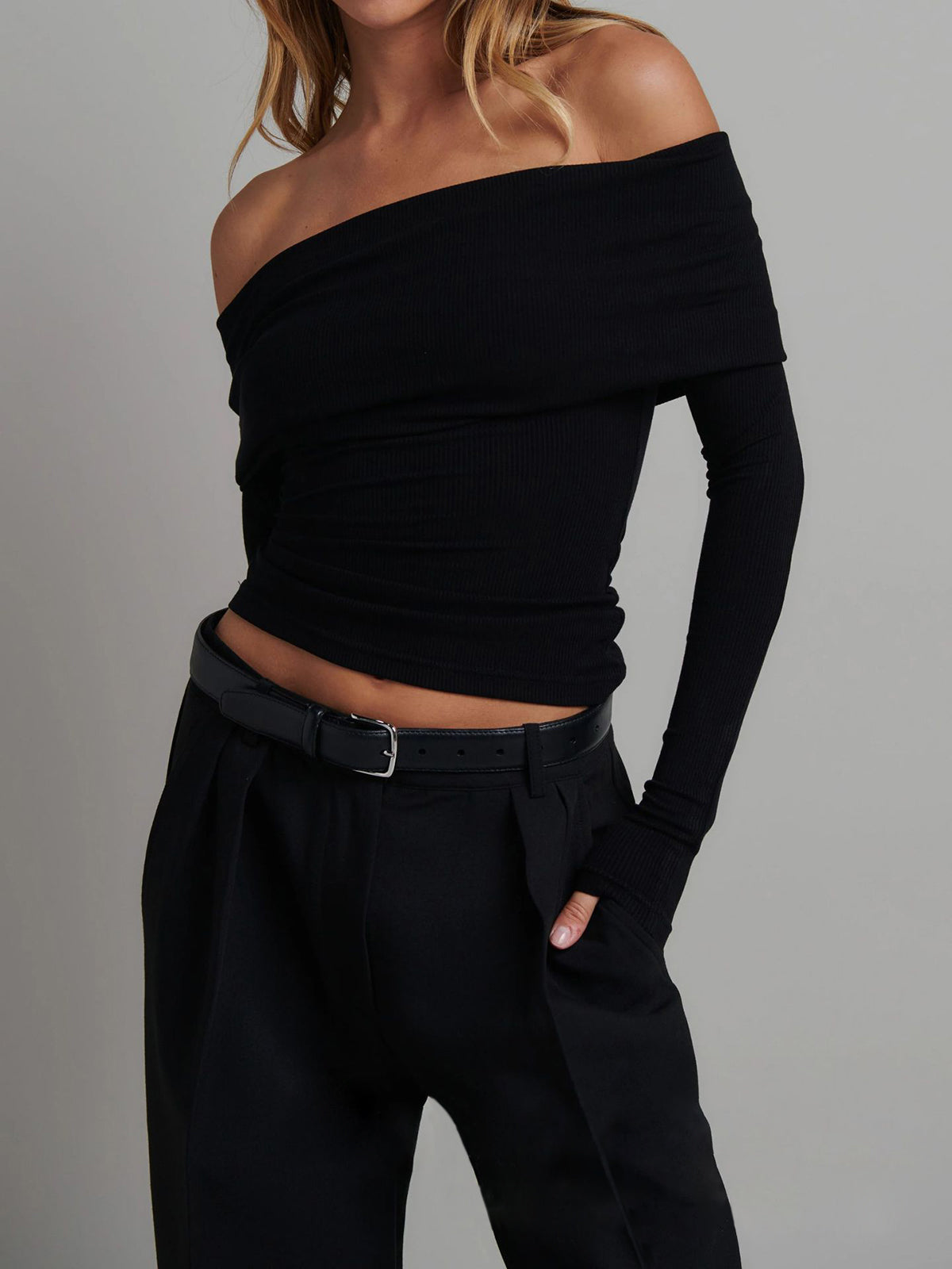 Women's ribbed off-shoulder top with long fitted sleeves and cropped length
