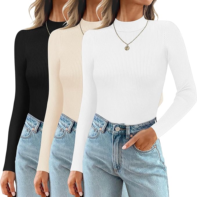 Women's ribbed long-sleeve top 3-pack with round neckline and form-fitting stretch fabric