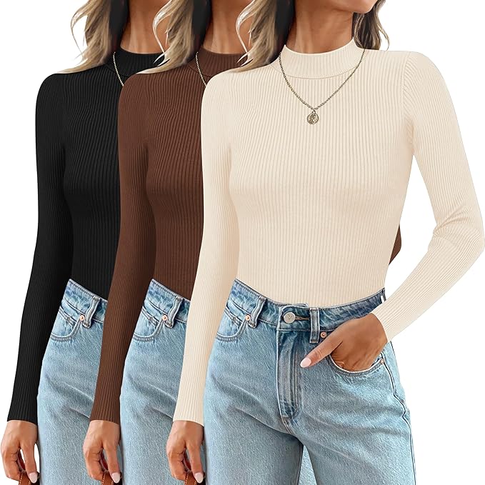 Ribbed long-sleeve tops for women in a 3-pack set, hip-length with pull-over design