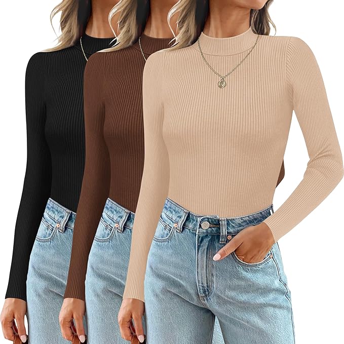 Form-fitting ribbed long-sleeve top for women, part of a 3-piece set