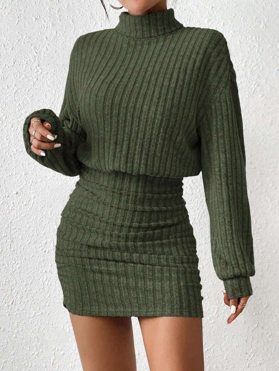 Women's long-sleeve turtleneck mini dress in ribbed knit with a minimalist body-con fit