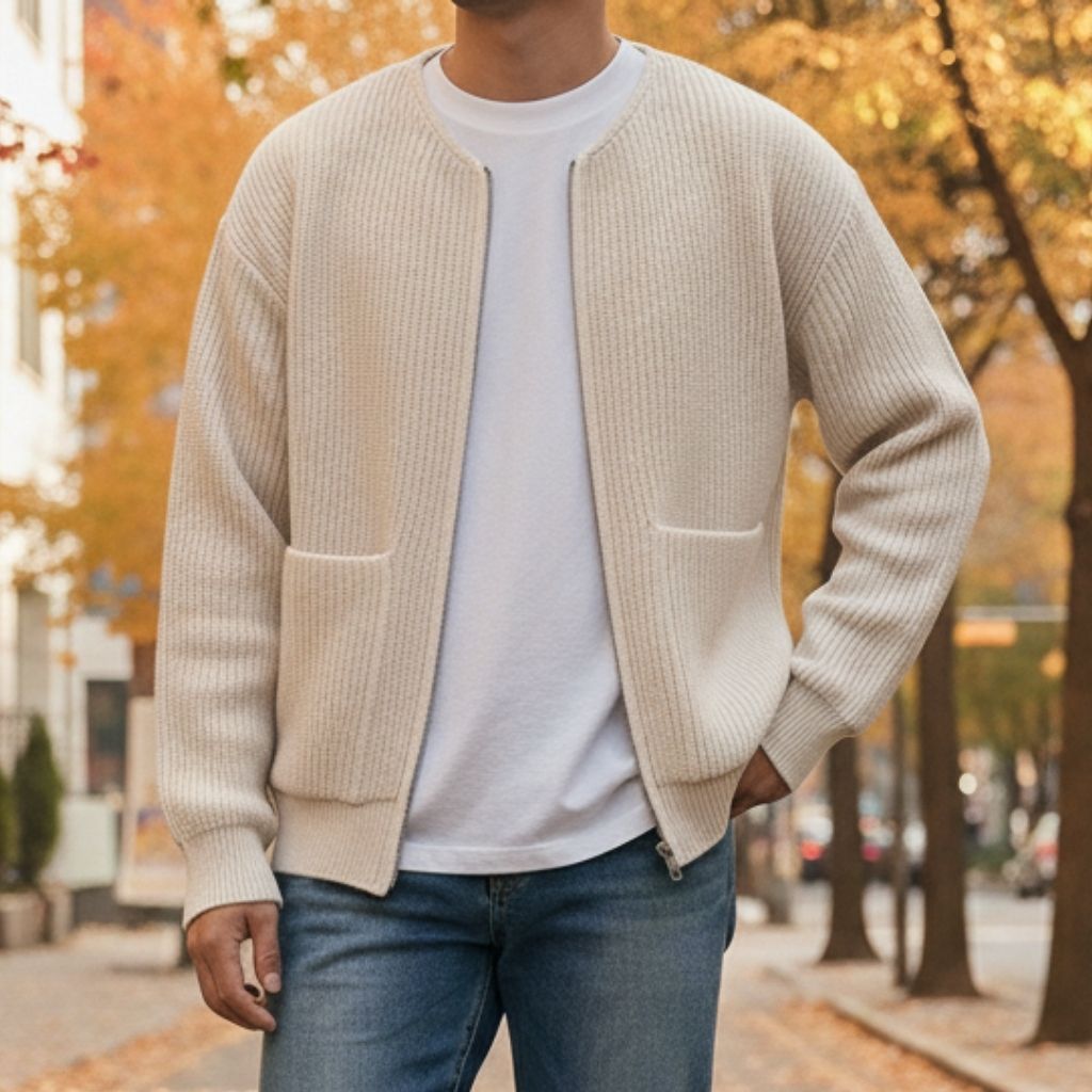 Men's ribbed zip cardigan with front zipper and round neckline, worn over a T-shirt