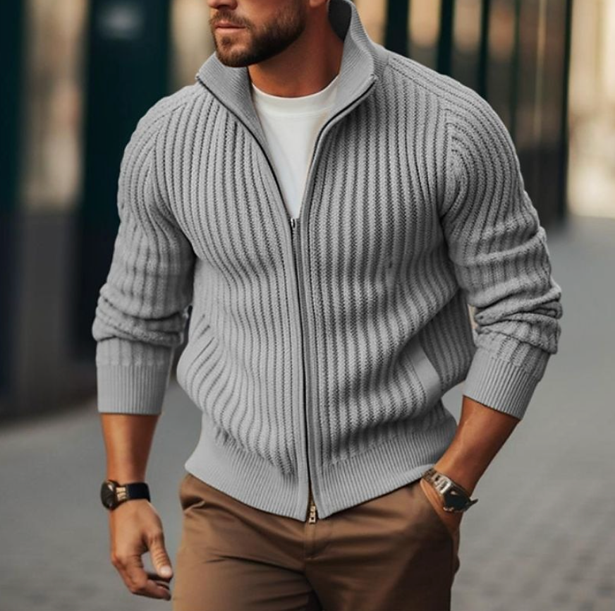 Men's rib-knit full-zip jacket with high collar, three-quarter view