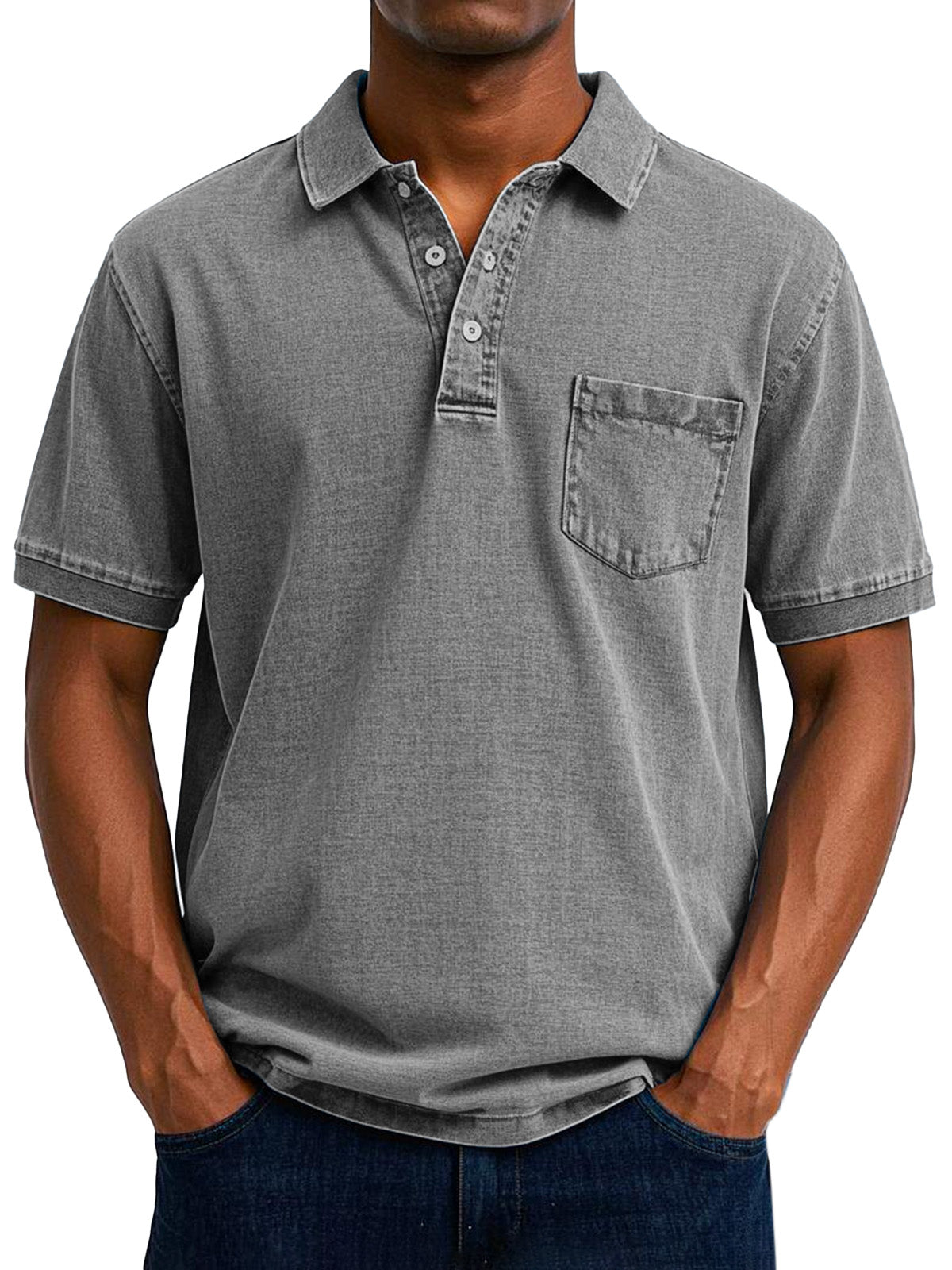 Relaxed-fit men's denim polo shirt with front button placket and hip-length cut
