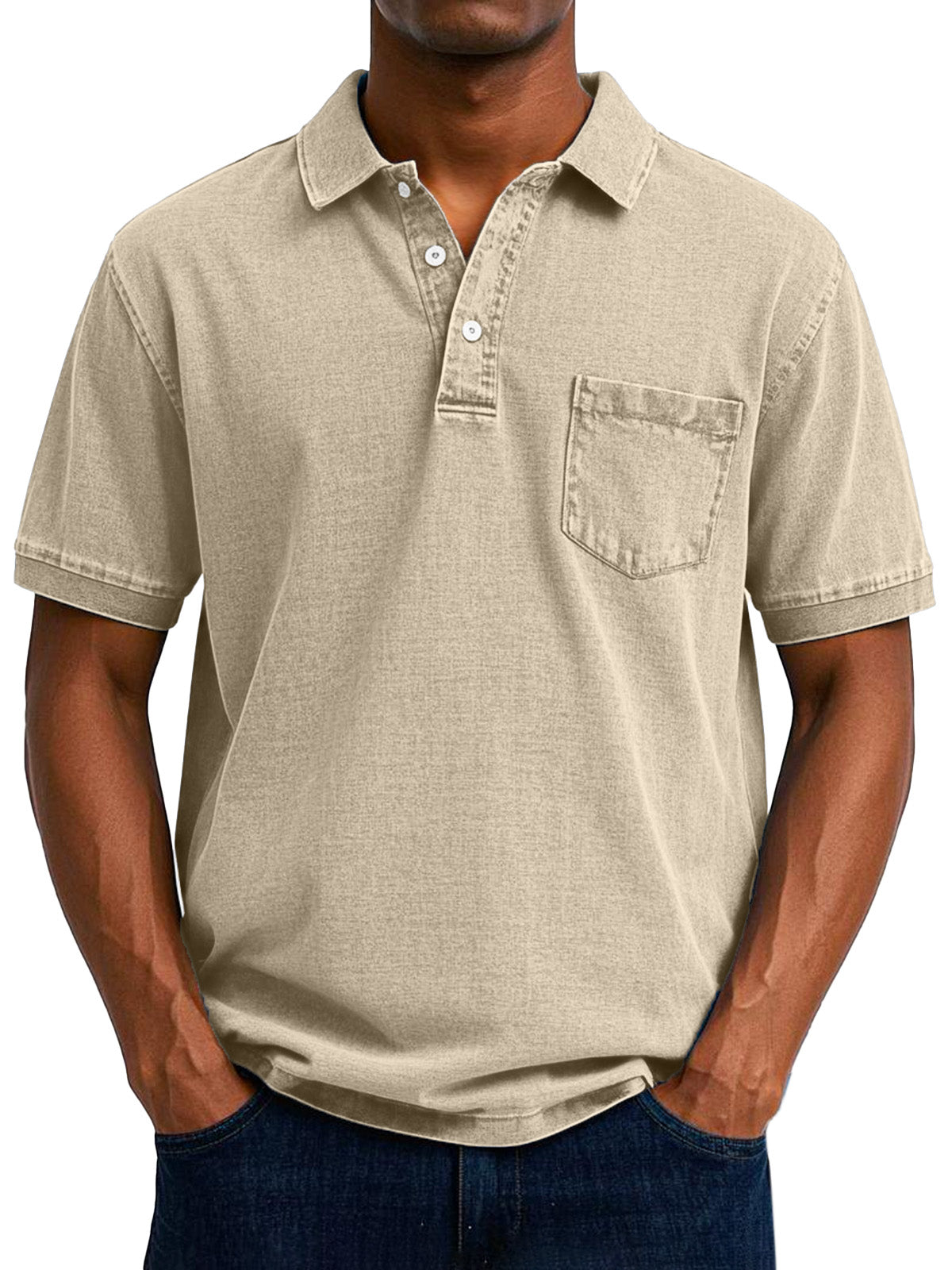 Men's regular-fit denim polo shirt with chest pocket and polo collar